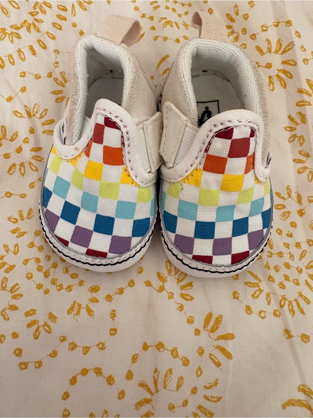 Vans Checkered Baby Beige Canvas Slip-On Sneakers with Rainbow Accent